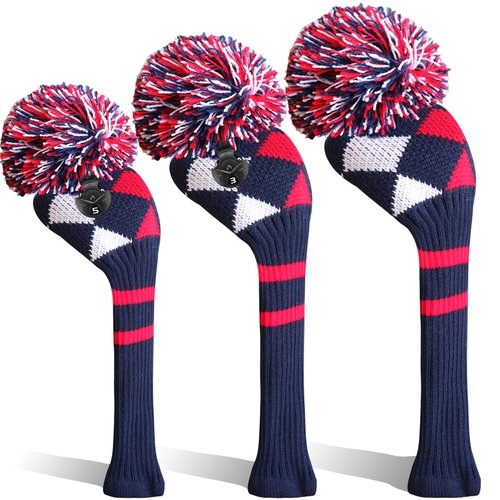 FINGER TEN Golf Head Covers Pom Pom for Woods Driver Hybrids Fairway Pack, Vintage Knit 1 3 4 5 7 X Headcovers Pattern USA Flag Eagle for Main Wood Clubs (Blue&Red-3pcs(D+F+H))