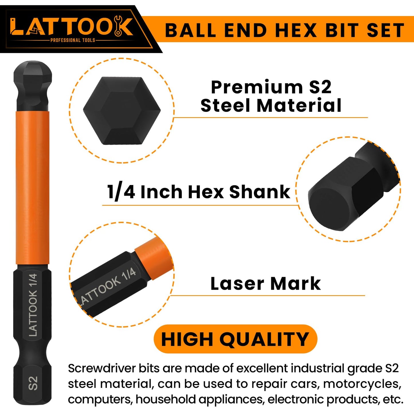 LATTOOK Ball End Hex Head Allen Wrench Drill Bit Set, 24PCS 2.5 Inch Metric & SAE Sizes Ball End Hex Bit Set Allen Key Set Hex Key Set, Magnetic Tipped, S2 Steel