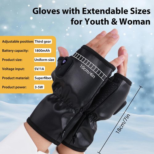 Heated Gloves for Women, Rechargeable Washable PU Leather Electric Heated Warm Winter Gloves for Motorcycle Skiing Bike Hunting Camping - Fingerless Glove for Cold Weather Arthritis Hands, Black