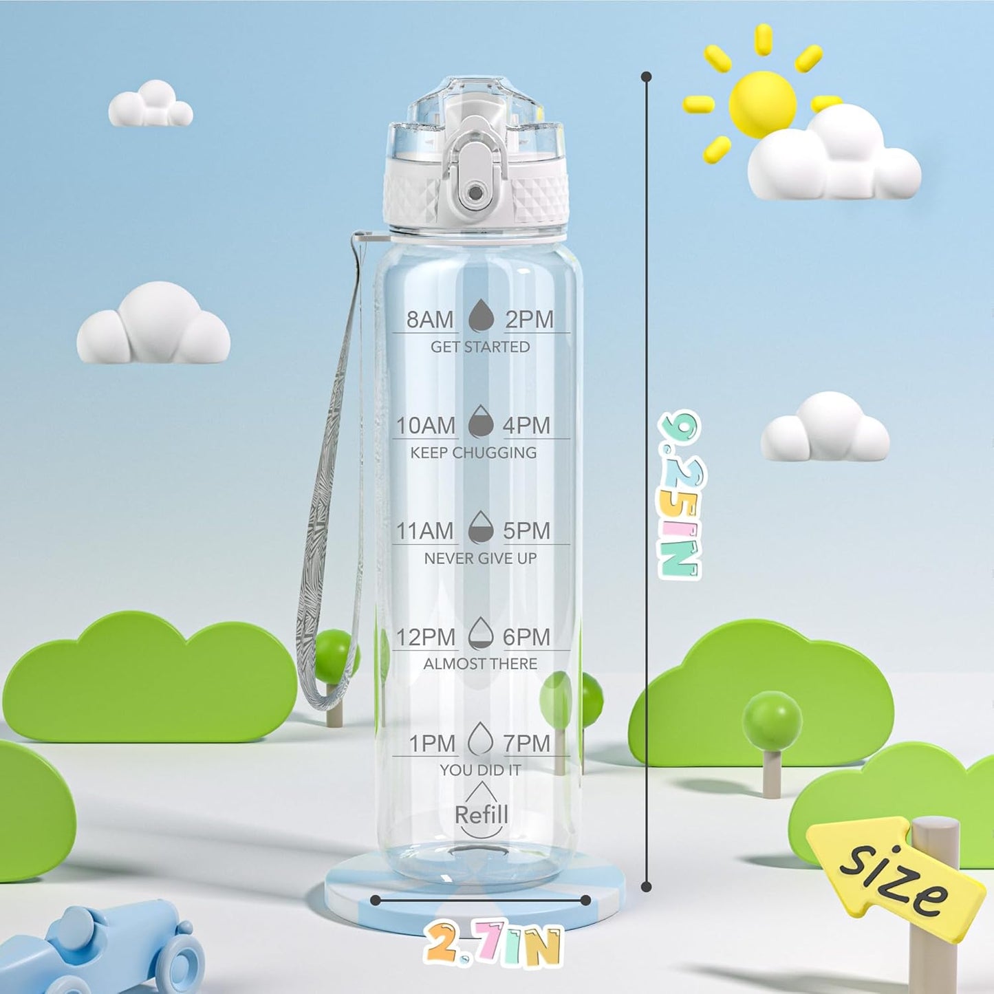 OLDLEY Kids Water Bottle - 17oz Motivational Design with Silicone Straw | Leak-Proof, BPA-Free, Clear