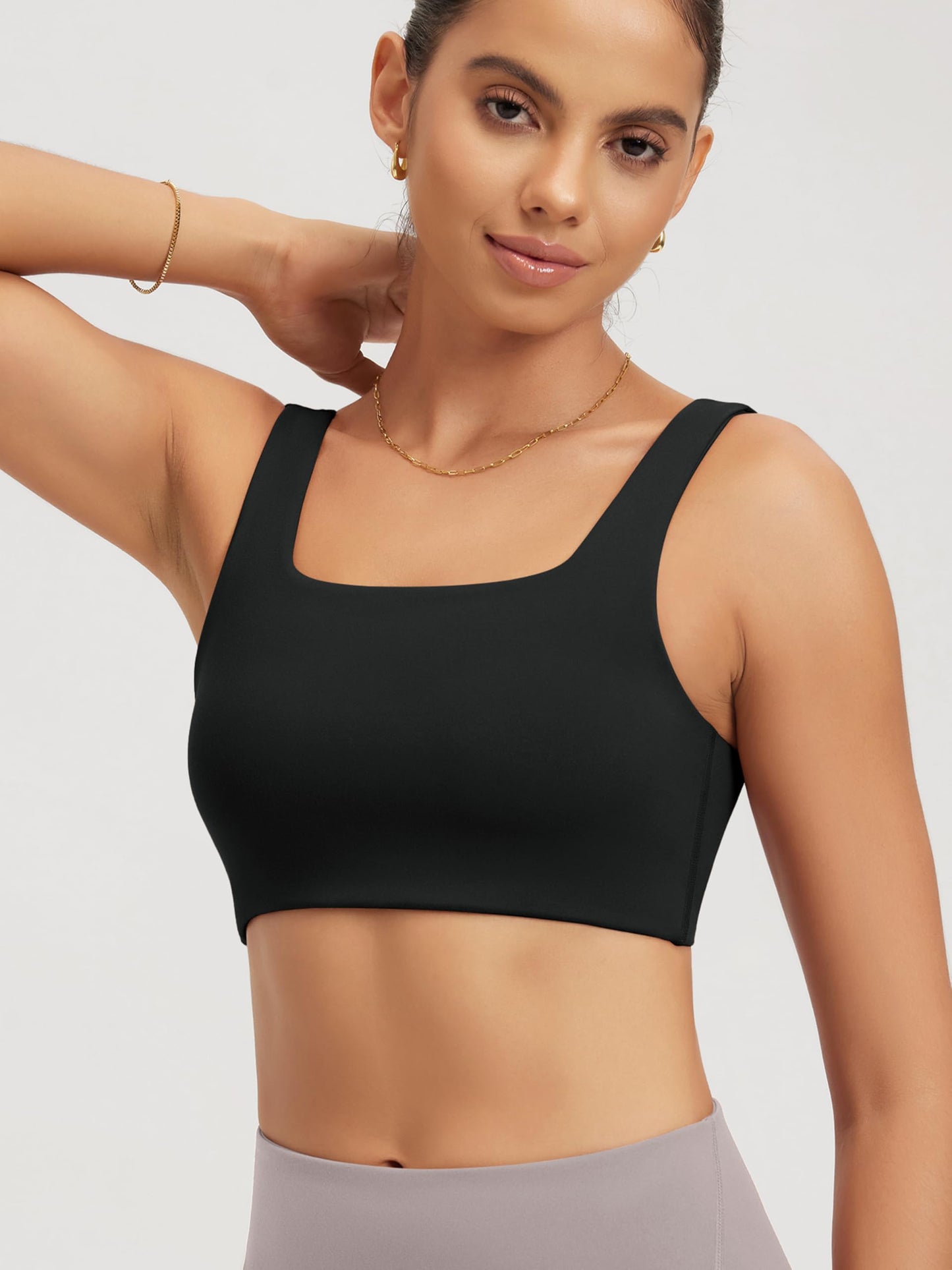ODODOS Square Neck Sports Bra for Women Wirefree Non Padded Yoga Tank Workout Crop Tops, Black, Medium