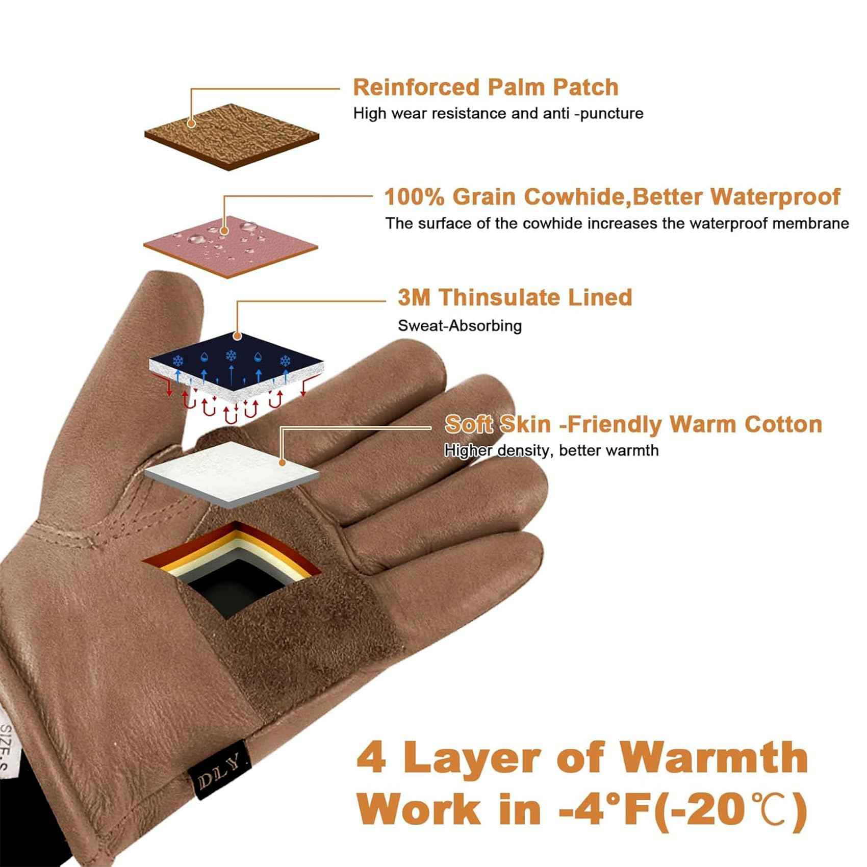 DLY Winter Work Gloves for Men, Water-Resistant, Insulated, Puncture and Abrasion Resistant, Cowhide Leather with Warm Thinsulate Lining for Cold Weather, Large, Brown, New