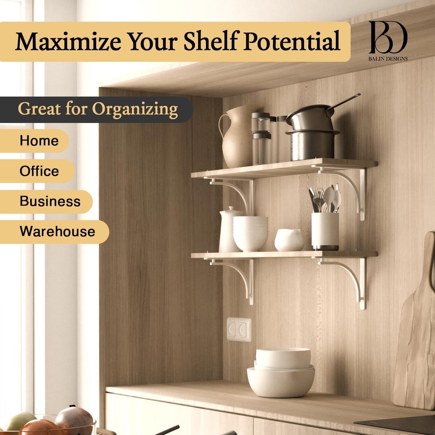 Heavy Duty 8-Inch Black Shelf Brackets - Wall Mounted L Bracket Set of 4 with Hardware