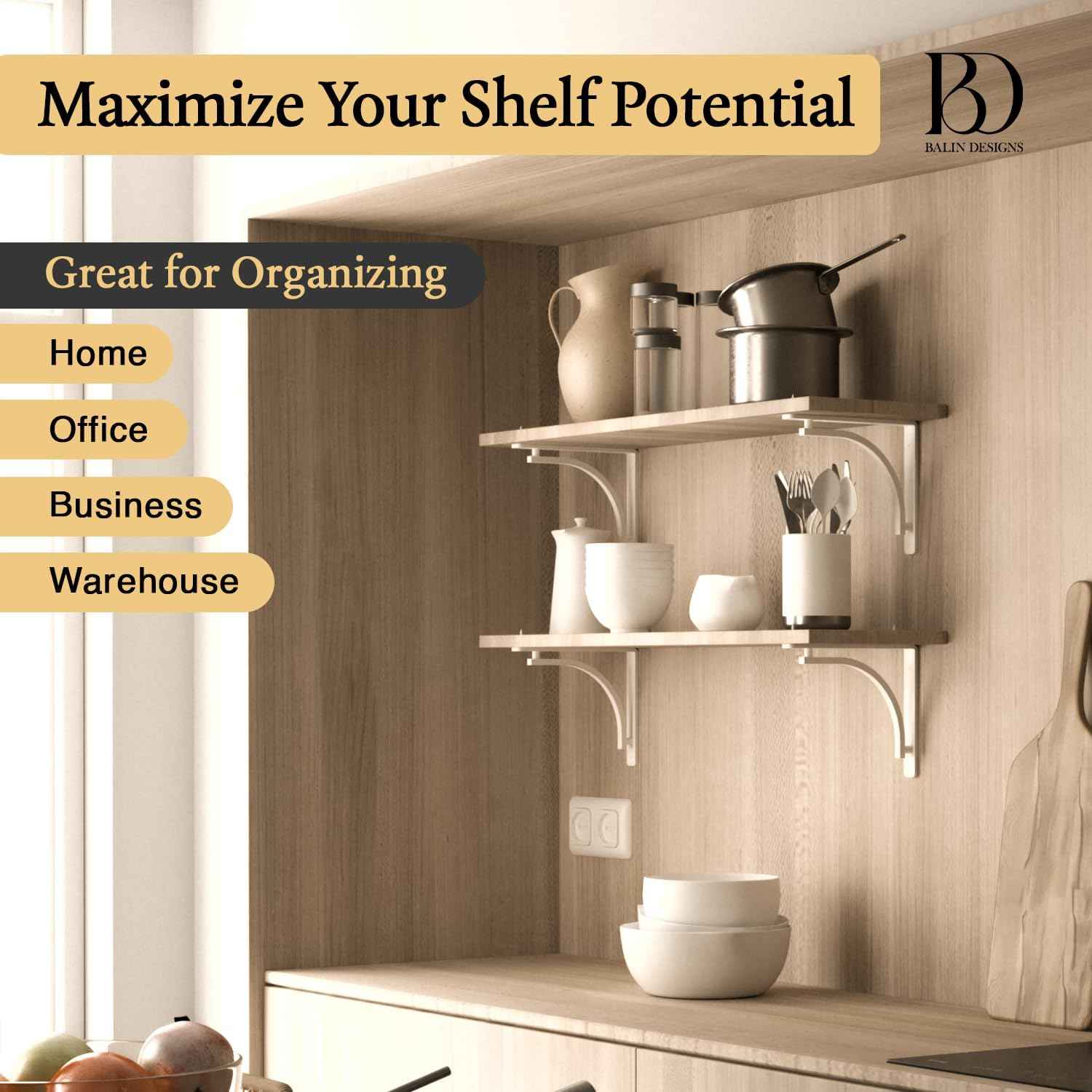 Heavy Duty 8-Inch Black Shelf Brackets - Wall Mounted L Bracket Set of 4 with Hardware