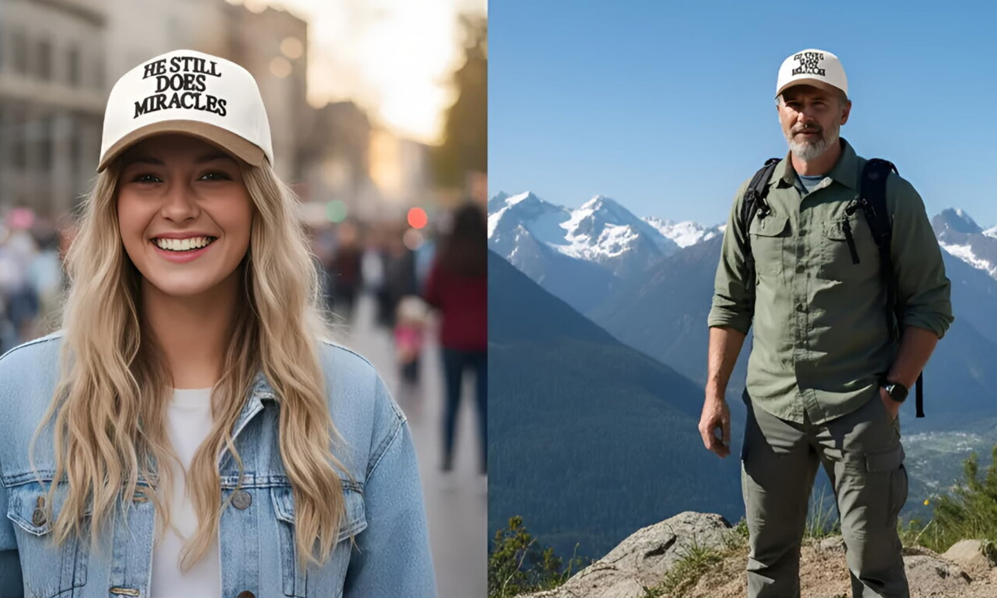 He Still Does Miracles Hat for Women Men, Embroidered Christian Trucker Hat, Two Tone Adjustable Snapback Baseball Cap,White/Brown