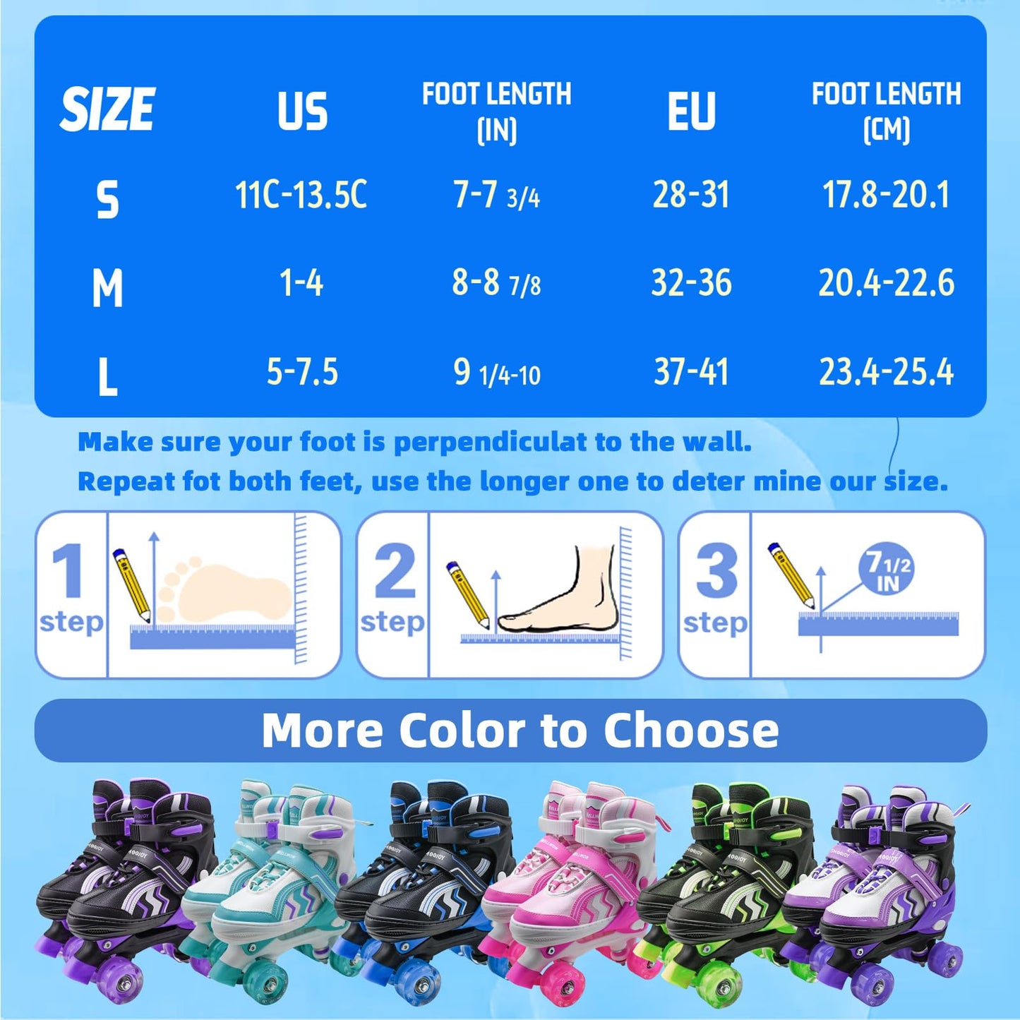 SMOOJOY Kids Roller Skates for Boys and Girls Adjustable Blue Black Skate with All Light up Wheels Ages 6-12 for Beginner in Outdoor Indoor Sports.