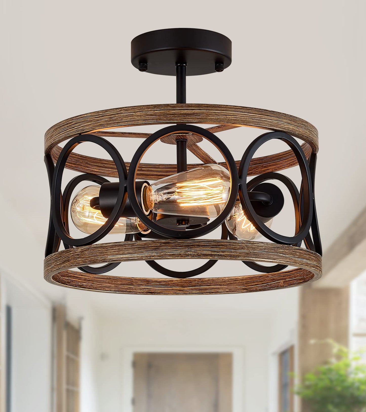 MEIXISUE Semi Flush Mount Modern Farmhouse Ceiling Light Fixtures,3-Lights Black and Retro Wood Finish,Drum Shade Rustic Light Fixtures for Entryway Hallway Foyer Kitchen Dining Room Bedroom