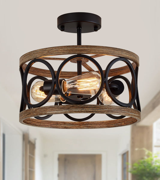 MEIXISUE Semi Flush Mount Modern Farmhouse Ceiling Light Fixtures,3-Lights Black and Retro Wood Finish,Drum Shade Rustic Light Fixtures for Entryway Hallway Foyer Kitchen Dining Room Bedroom