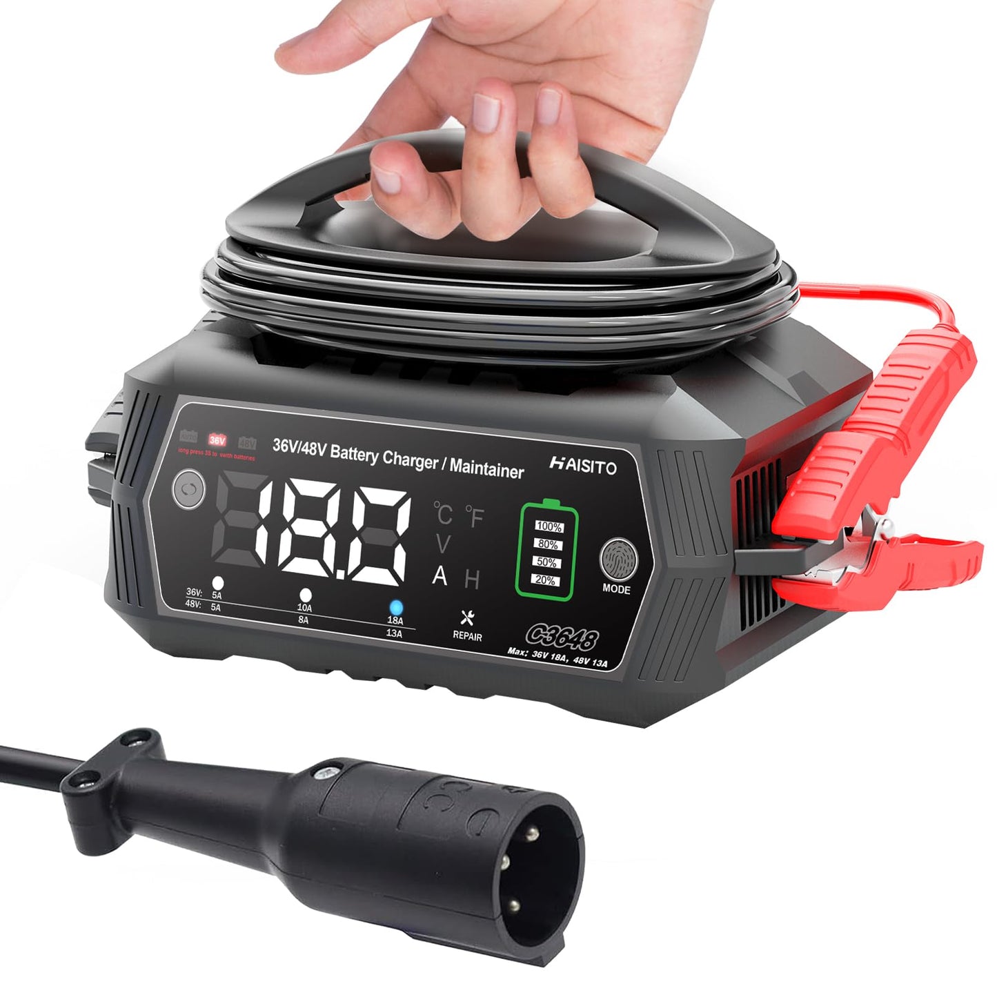 48V Golf Carts Battery Charger,18 AMP 36 Volt Lithium LIFEPO4 Battery Charger for Club Car 3-Pin Round Plug Black