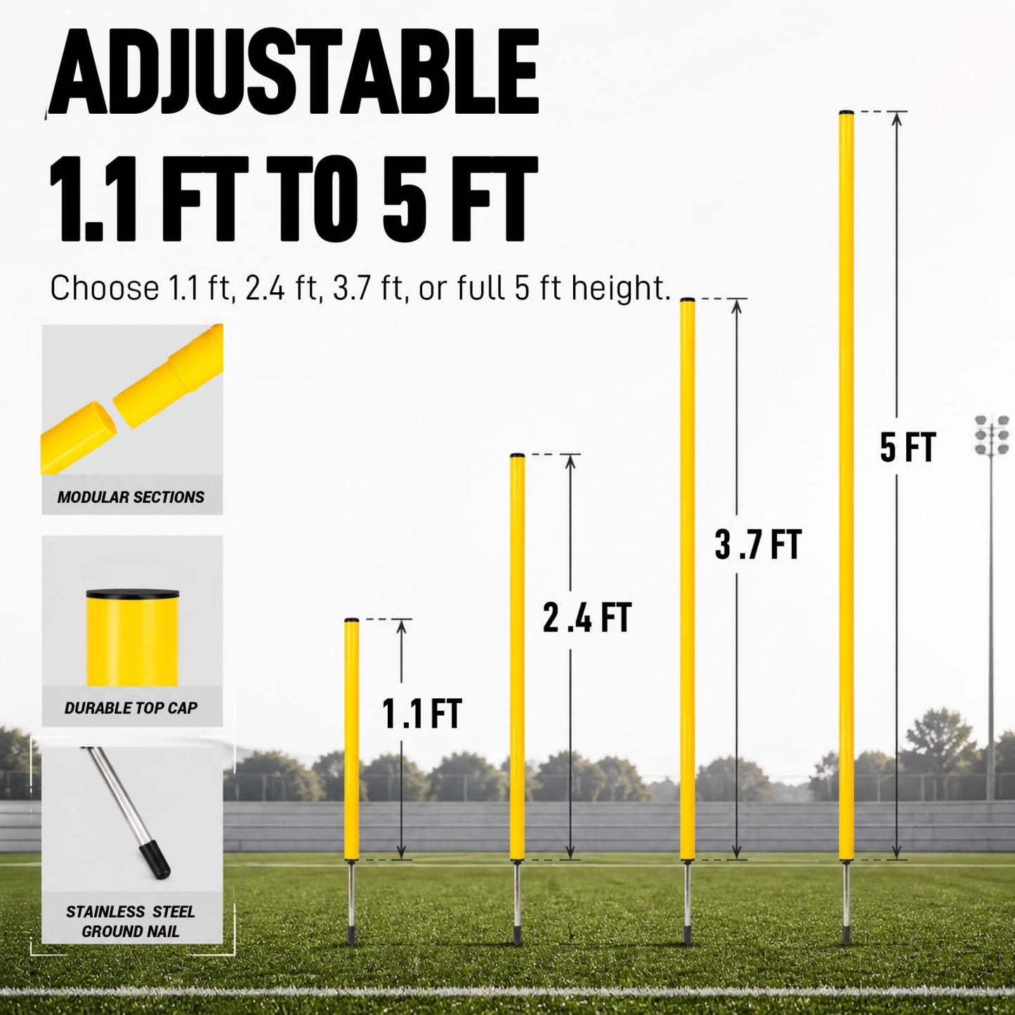 6 Pcs 5FT Adjustable Agility Training Poles for Soccer,Basketball,Football,Dog,Horse Training-Speed and Agility Training Equipment Sports Training Sticks with Stainless Steel Ground Nails (Yellow)