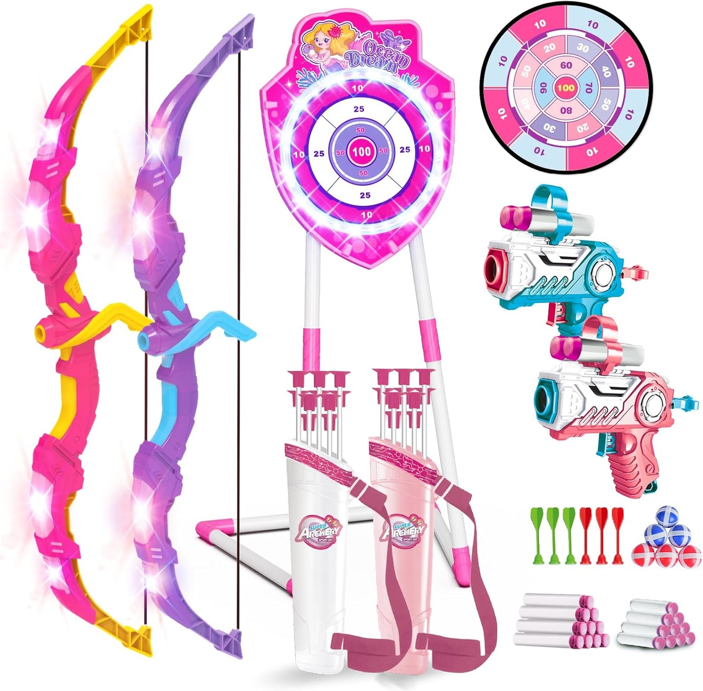 VATOS Bow and Arrow Toy Set - 4-in-1 Archery & Dart Game with LED Light, 20 Suction Cup Arrows & Glow Target | Indoor/Outdoor Fun for Kids Ages 5-12