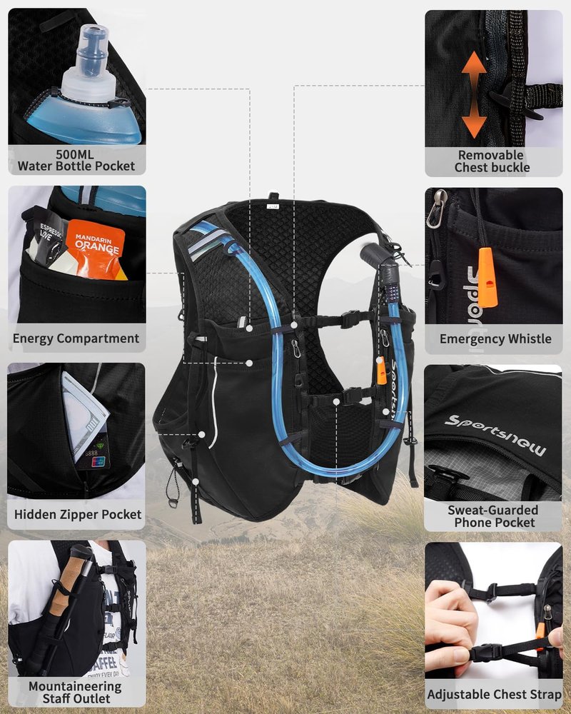 sportsnew Running Hydration Vest for Men Women, Breathable Hydration Backpack for Trail Running Cycling Hiking Marathon (Black with 2 x 500ML Soft Flask, S/M: Chest 28''-34'')