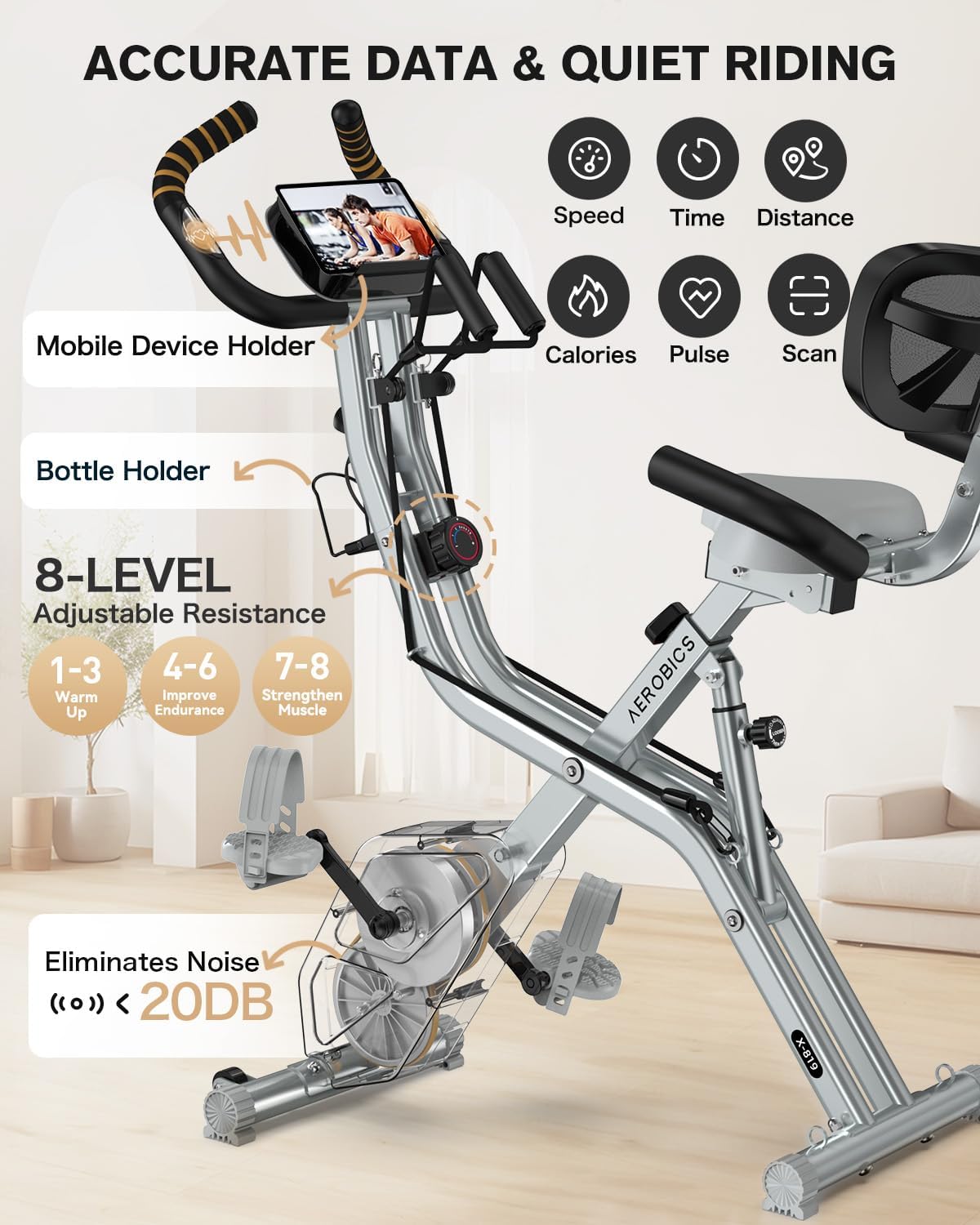 Pooboo Folding Exercise Bike - Foldable Upright Stationary Bike with 8-Level Resistance | 300LB Capacity, Back Support Cushion