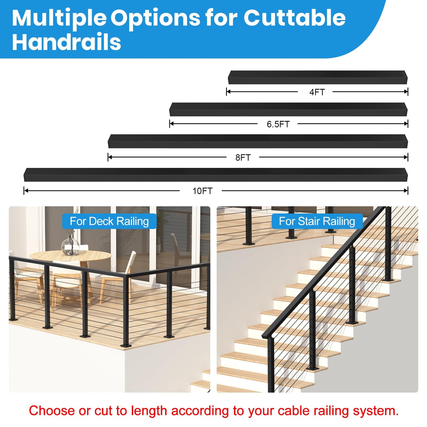 RailinGo 6'6'' Rectangular Cable Railing Handrail, Black Stainless Steel Handrail with Nylon End Caps for Stair Cable Railing System, Black Deck Cable Wire Railing Hardware Kits, RG01-H