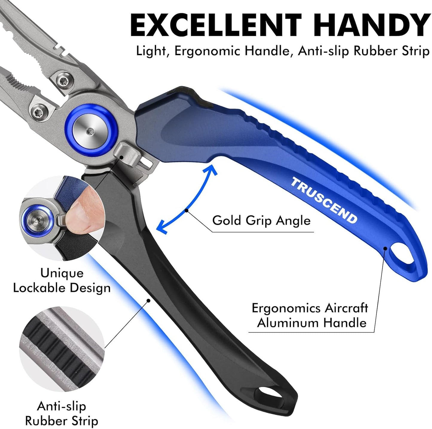 TRUSCEND Lockable Fishing Pliers - Ergonomic Handle & Tungsten Carbide Cutter | Saltwater Resistant Tool