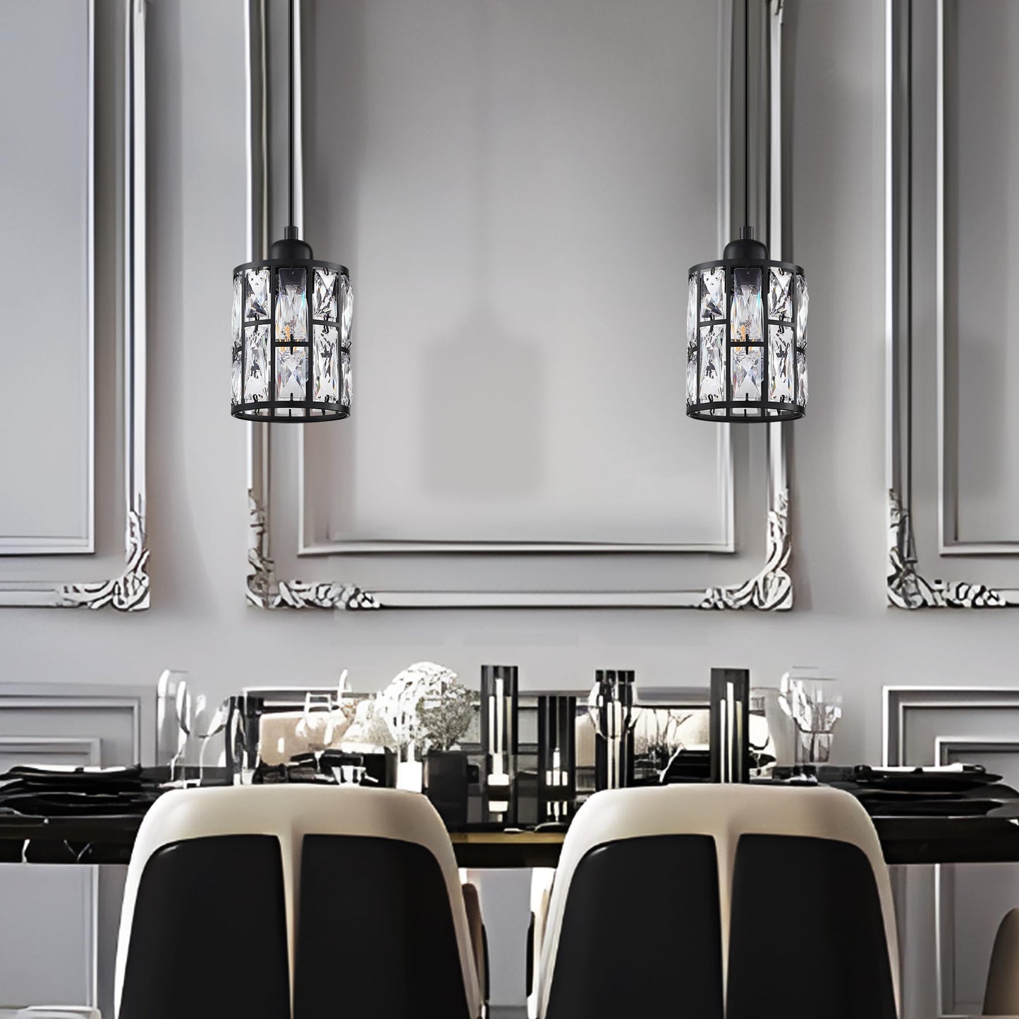 2 Pack 1 Light 5.3" Crystal Hanging Kitchen Island Pendant Light Black Finish,Concise Pendant Fixture Crystal Plate Metal Shade for Bar,Dining Room,Living Room Over Sink