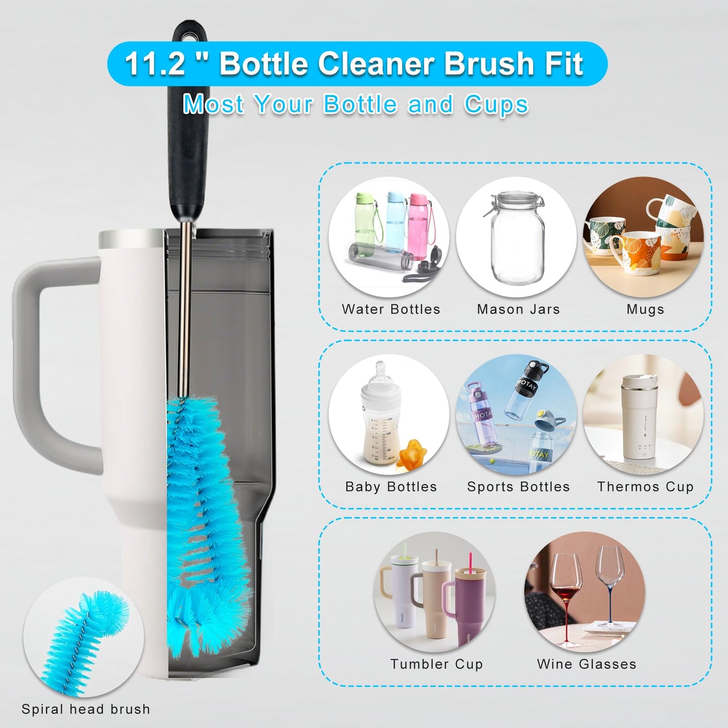 4 Pack Bottle Brush Cleaner Set, Long Reach Water Bottle Brush, Straw Brush and 3-in-1 Multi-Use Cleaner, Compatible with Stanley Cups, Baby Bottles, Travel Mugs, Tumblers, and Straws (Blue)