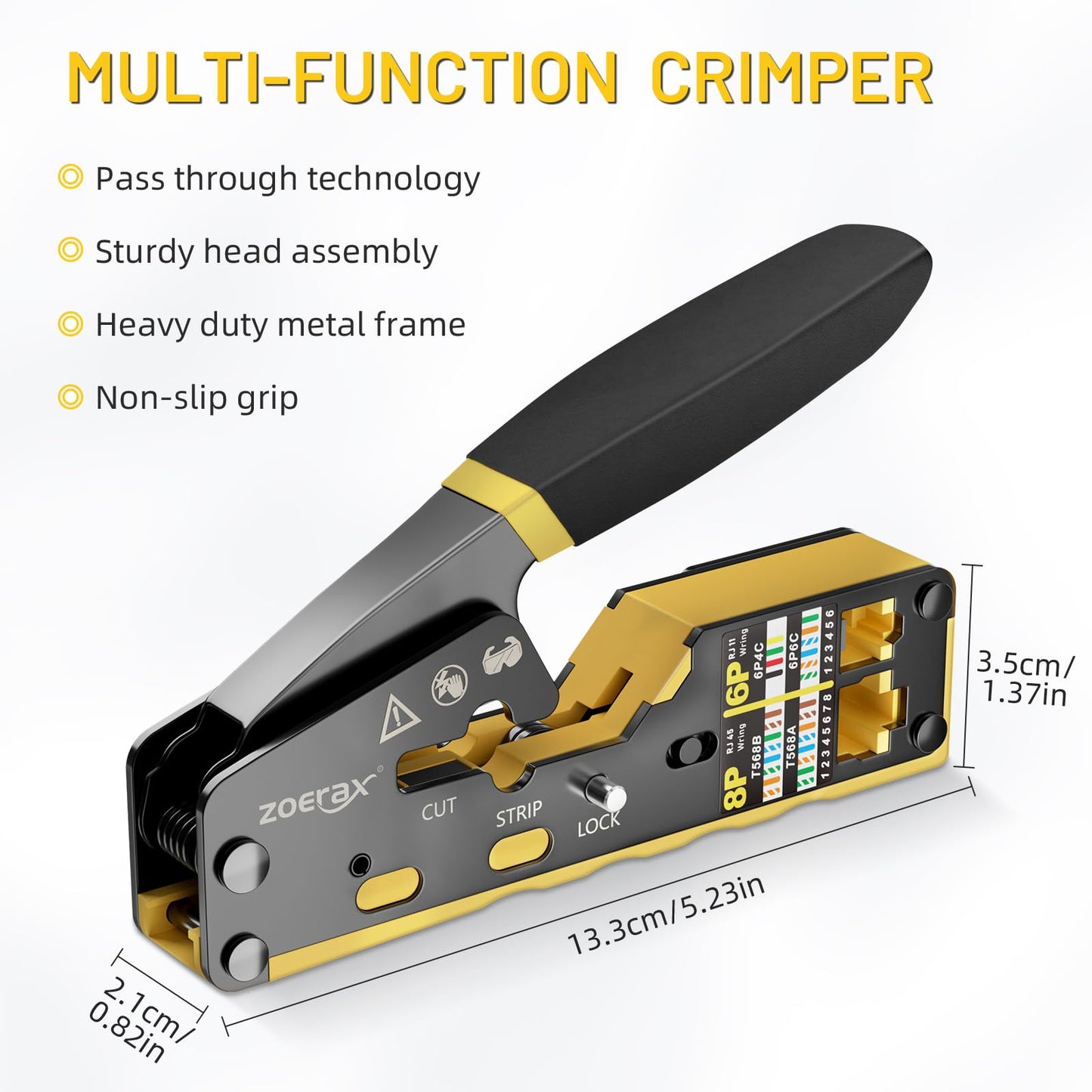 ZOERAX RJ45 Crimping Tool Ethernet Crimp Tool Crimper for RJ11/RJ12 Standard, RJ45 Pass Through Connectors, Yellow