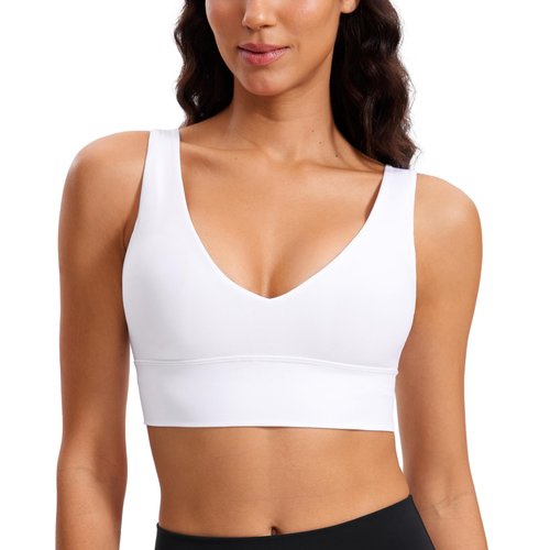 CRZ YOGA Butterluxe Womens V-Neck Longline Sports Bra - Wireless U-Shaped Open Back Yoga Low Impact Padded Crop Top White Medium