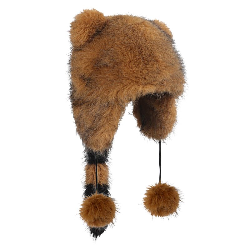 Raccoon Tail Parent-Child Plush Earflap Hat Faux Fur Animall Hat Ladies Russian Ushanka Winter Warm Cap Cute Pompoms Beanies Cap for Adult Kid Halloween Xmas Birthday