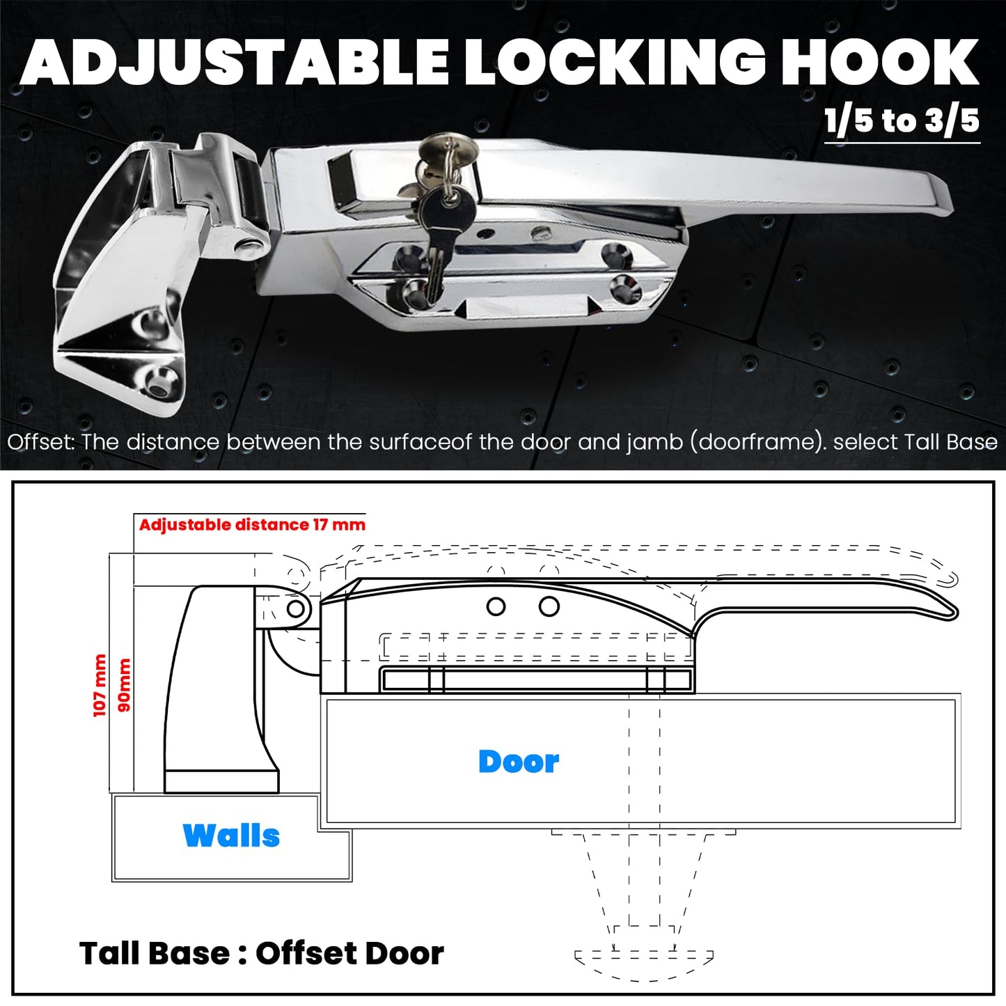 Preruner Walk in Cooler Door Handle, Walk in Cooler Door Closer Complete Latch Kit, Cooler Door Radial Latch (1/5 In-3/5 in(Offset)) and 6" Solid Nylon Glow-in-The-Dark Release Handle