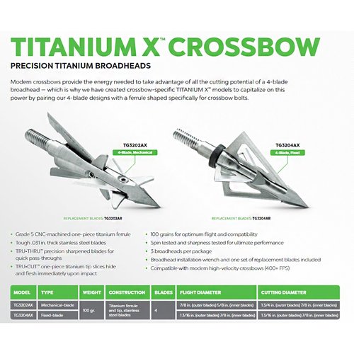 TRUGLO Apex Archery TRUGLO Titanium X 100-Grain Crossbow Broadheads - 3-Pack, 4-Blade Fixed