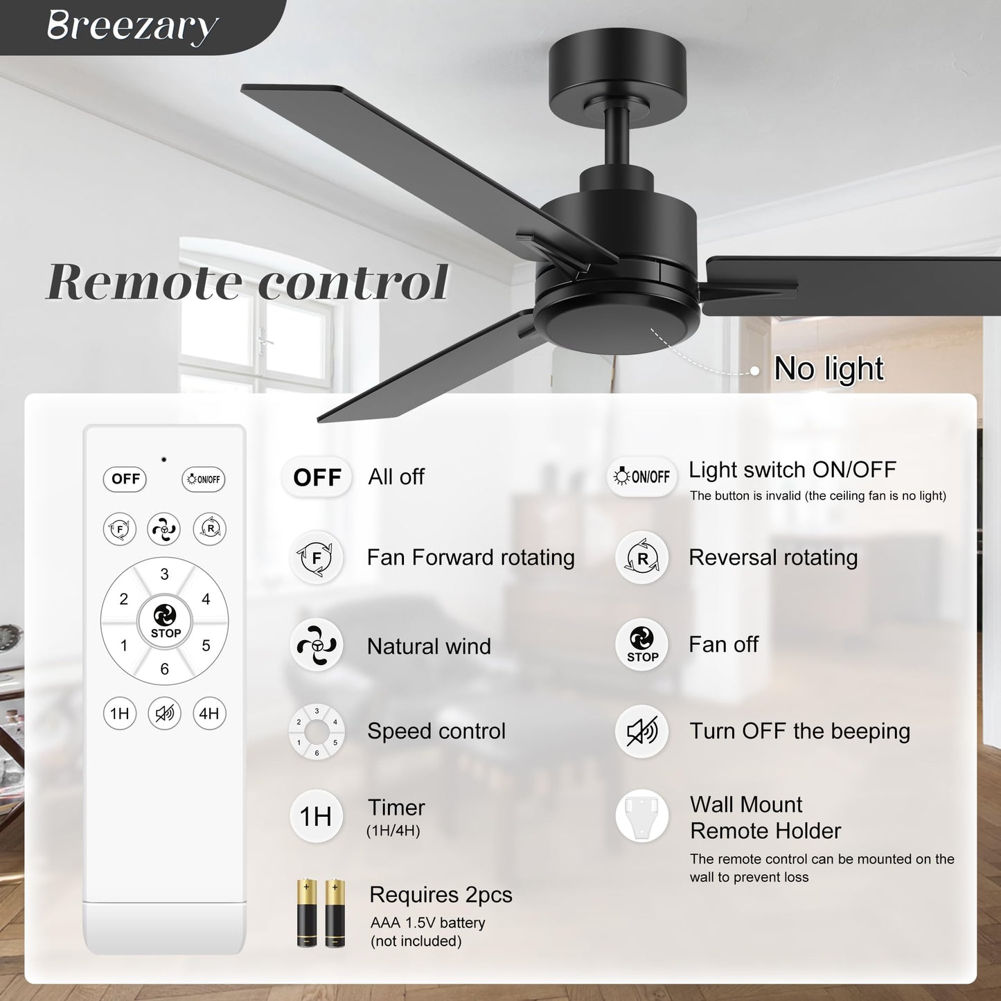Breezary 48 Inch Industrial Ceiling Fans without Lights Remote Control, 6-Speed, Reversible DC Motor, 3 Blades, Modern Indoor/Outdoor Ceiling Fan No Light for Patio Home Office, Black