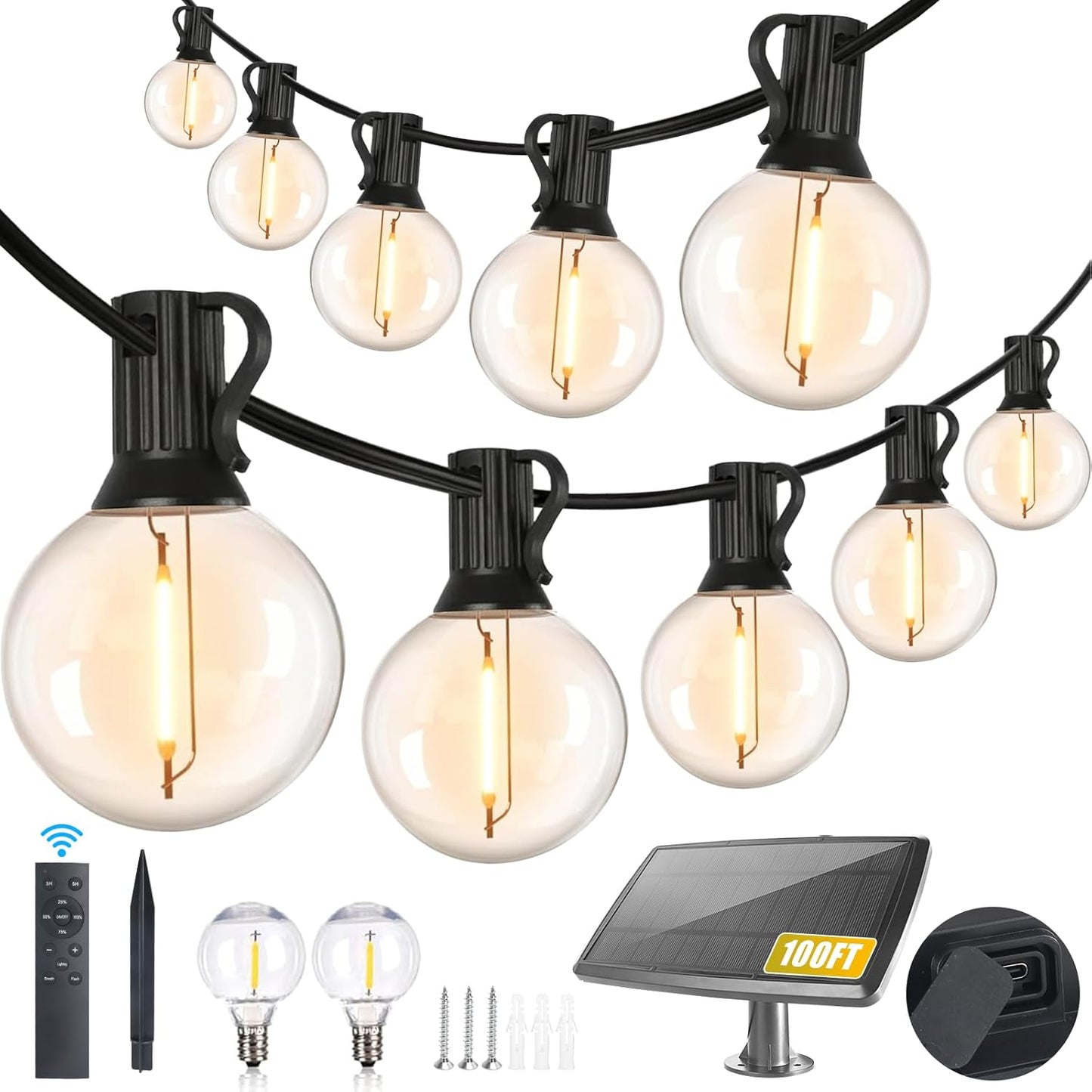 100FT Solar String Lights with Remote - Waterproof G40 LED Patio Lights for Outdoor Parties