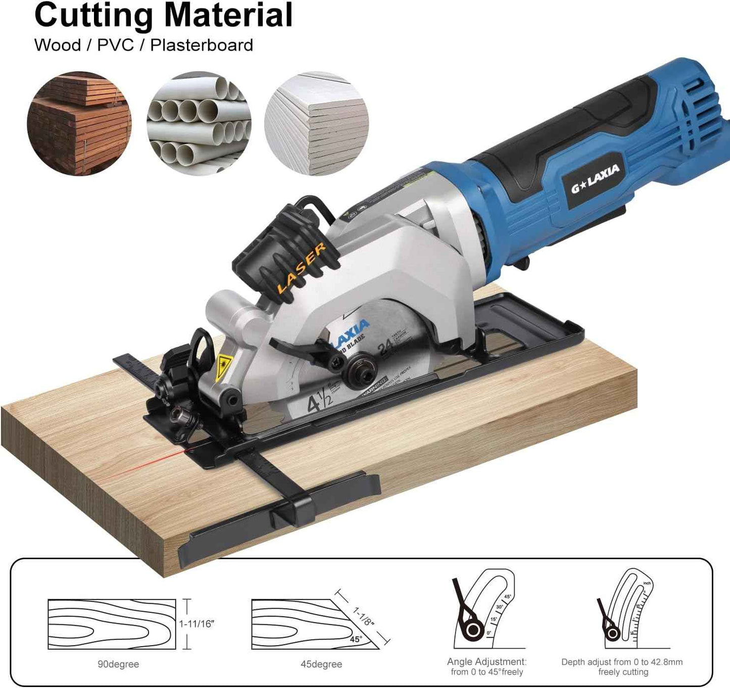 Compact Mini Circular Saw 4-1/2” with Laser Guide & 4.0A Battery - Ideal for Wood & Plastic Cuts