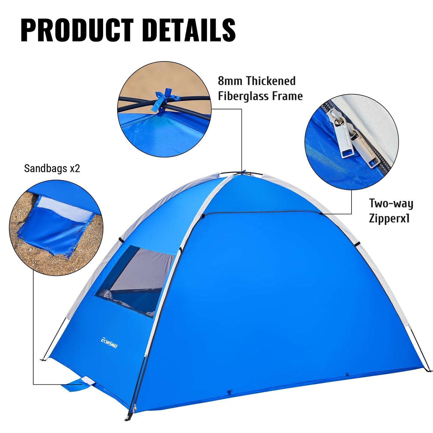 EchoSmile Beach Tent Sun Shelter for 3/4 Person with UPF 50＋ UV Protection, Lightweight & Easy Setup Beach Shade Canopy, Portable Beach Shade Tent Beach Cabana(Dark Blue)