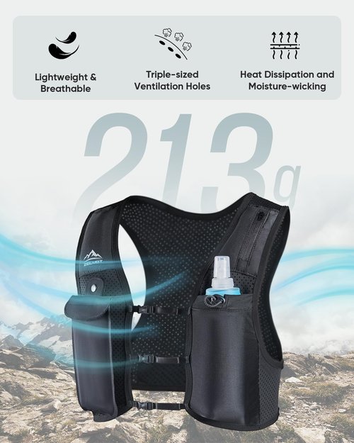 Zelvot Running Vest for Women Men, USA Original Patent, Adjustable Chest Straps Running Hydration Vest with 500ml Soft Flask, Lightweight Breathable Reflective Running Vest for Marathon (Black, M/L)
