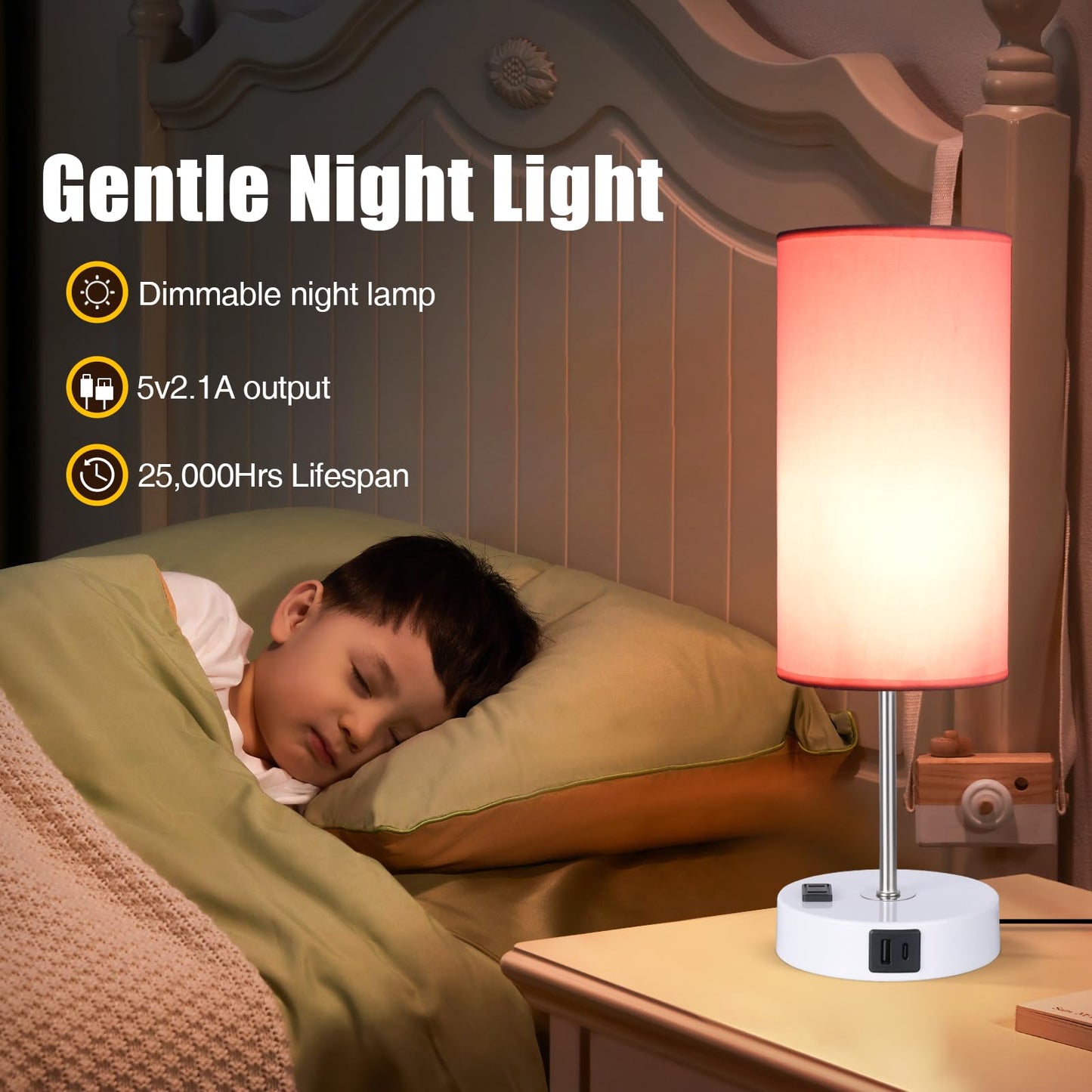 Gugsey Table Lamp with USB Port - Desk Lamp Touch Lamp Bedside Lamps for Bedroom, 3 Way Dimmable Small Lamps for Living Room, Nightstand, Nursery, Dorm, Home, Office, White Base+ Pink Lampshade