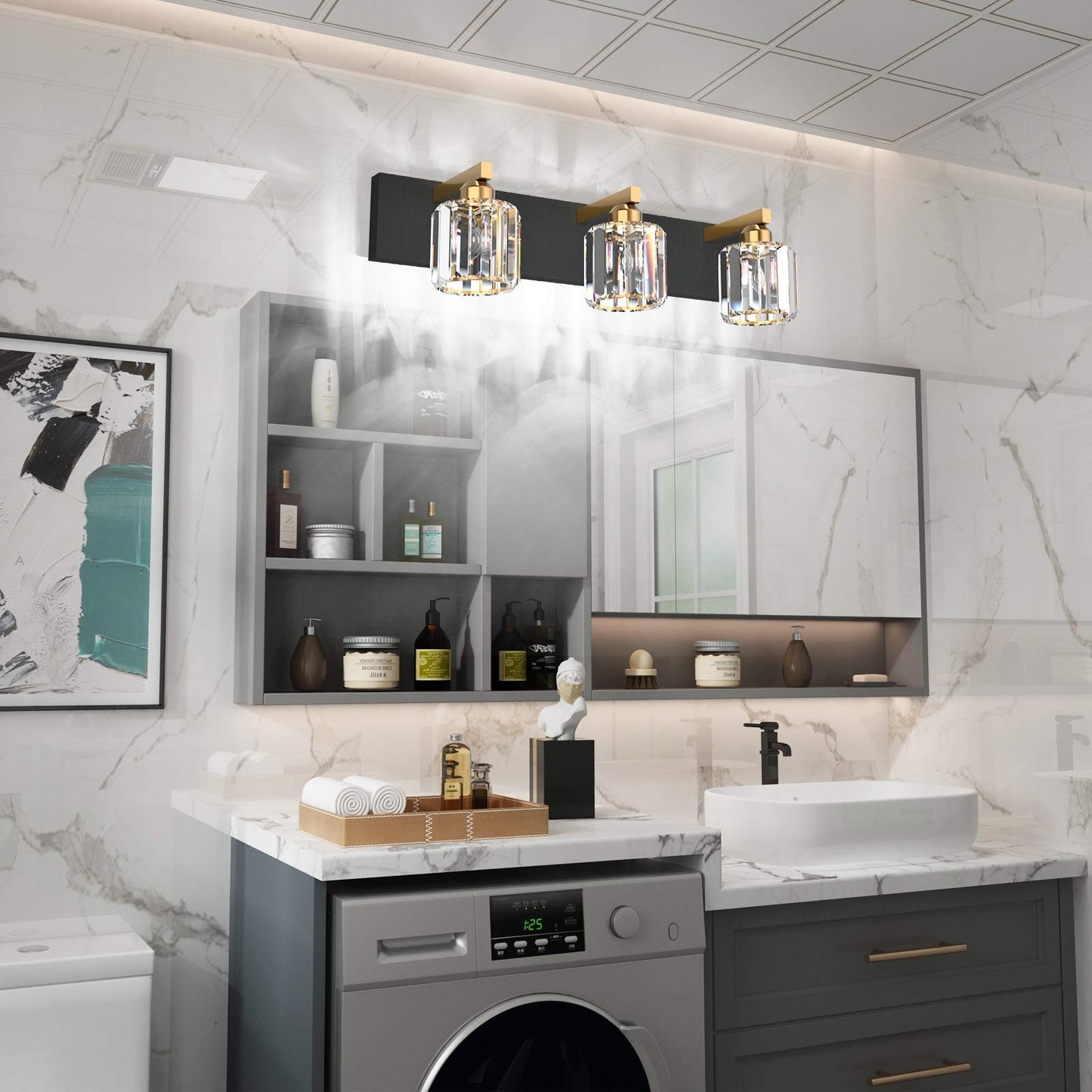 Aipsun Crystal Vanity Light Black Bathroom Vanity Lighting Fixtures 3 Lights Modern Vanity Light for Bathroom (Exclude Bulb)