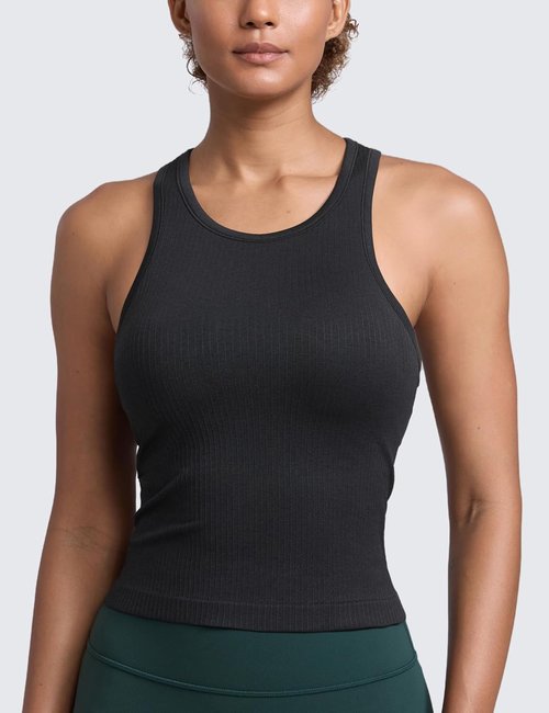 CRZ YOGA Seamless Ribbed High Neck Tank Top - Women's Sleeveless Crop Yoga Shirt with Built-In Bra