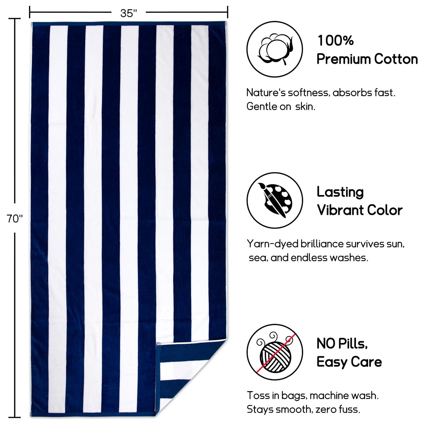 cabanana Large Oversized Beach Towel - 35 x 70 Inch Cotton Pool Towel, Royal Blue Striped Soft Cabana Swim Towel