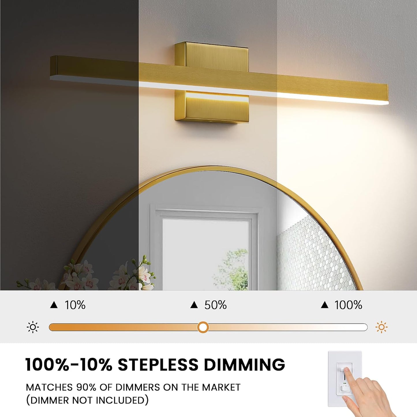 24-Inch Dimmable Gold Bathroom Vanity Light - Modern LED Bar Fixture for Over Mirror