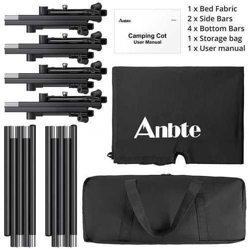 Anbte Ultralight Folding Camping Cot, Comfortable Portable Camping Cot Supports 275 lbs with Storage Bag & Side Pocket, Lightweight Folding Bed for Outdoor Travel Tent Indoor Emergency Bed, Black