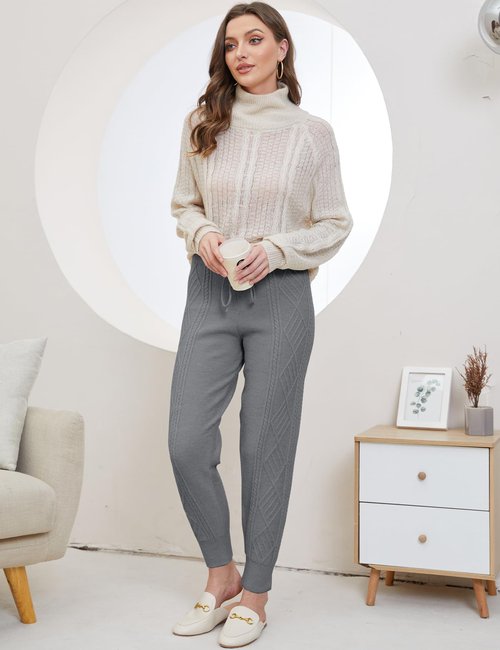 Gihuo Women' s Cable Knit Sweater Pants Long Knit Harem Pants Joggers Drawstring Elastic Waist Stretchy Knit Pants(Grey-Medium)