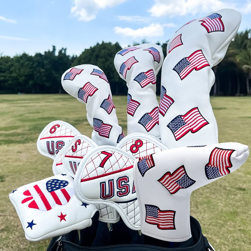 US Flag Putter Headcover - Premium Leather Magnetic Head Cover - White Golf Accessory