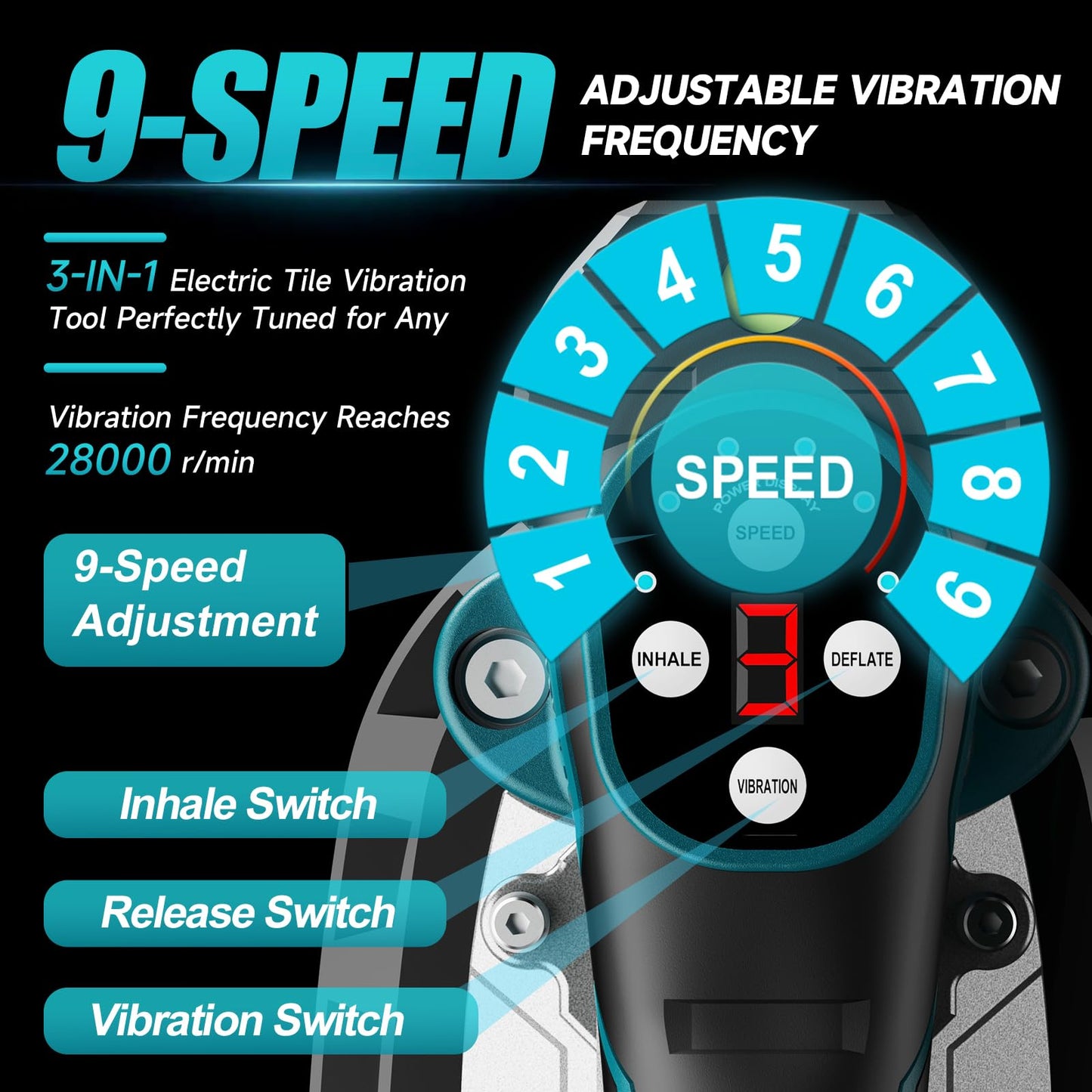 Cordless Tile Vibration Tool, Tile Vibration Leveling Machine with 2 × 1500mah Batteries, Max 28000r/Min 9 Adjust Speed 3-In-1 Portable Tile Suction Cup Tool for Tile, Wood, Floor, Wall