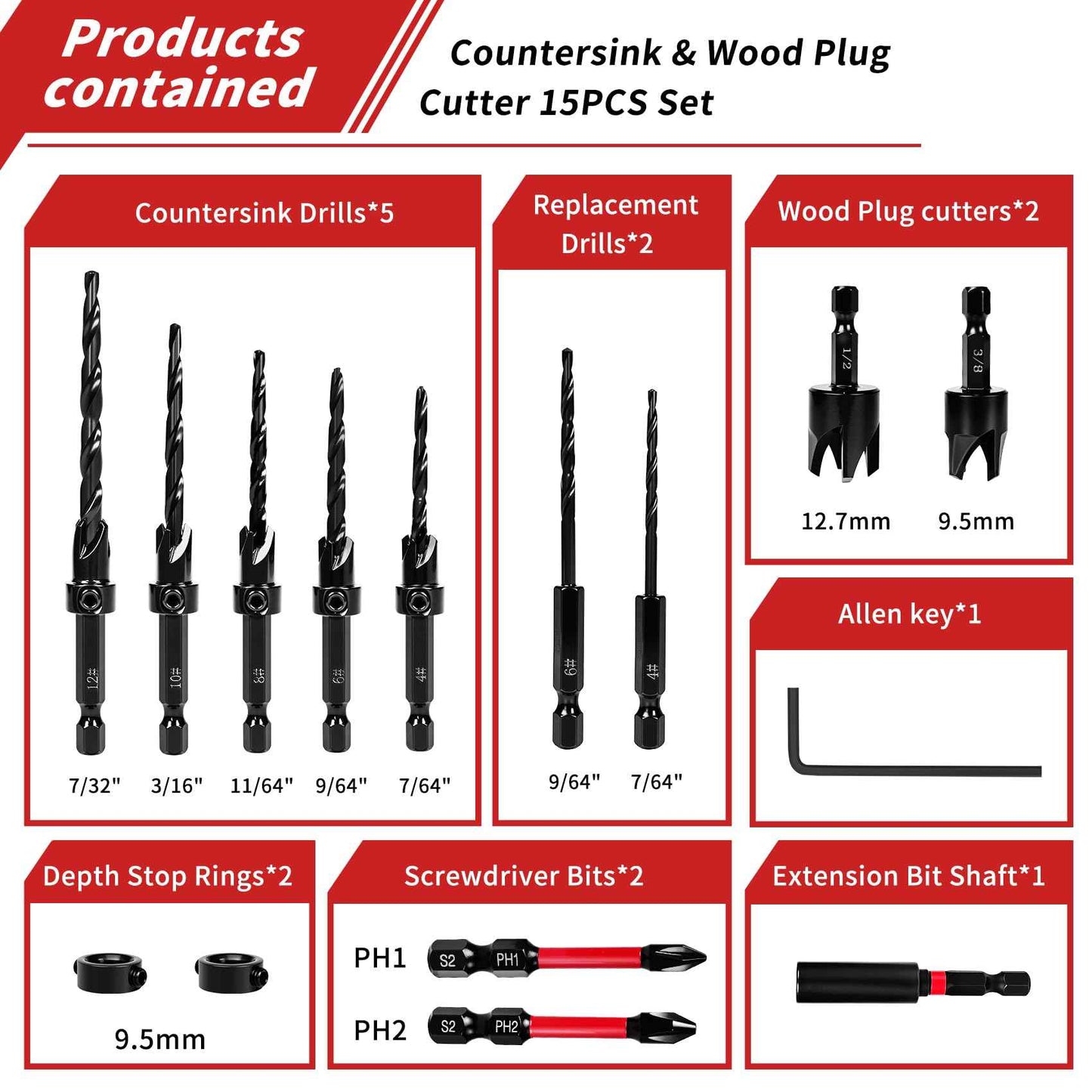 Countersink Drill Bit Set, 15 PCS Adjustable Tapered HSS Drill Bit Set for Woodworking, with Nitrided Surface, Wood Plug Cutters 1/4" Hex Shank Quick Change, for Wood Drilling with Storage Box