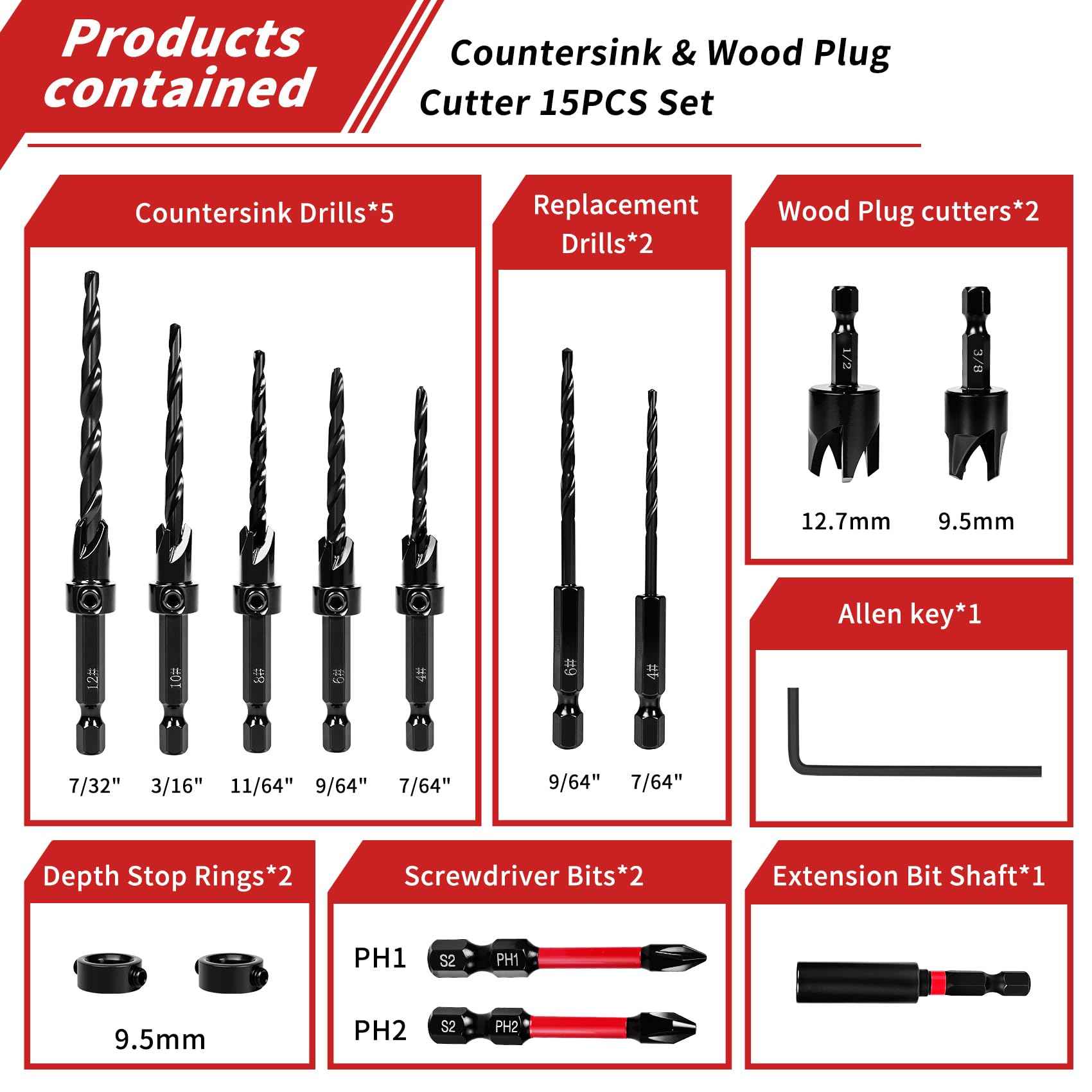 Countersink Drill Bit Set, 15 PCS Adjustable Tapered HSS Drill Bit Set for Woodworking, with Nitrided Surface, Wood Plug Cutters 1/4" Hex Shank Quick Change, for Wood Drilling with Storage Box