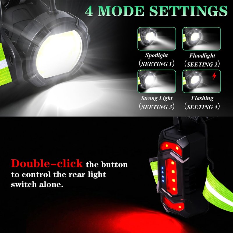 Running Lights for Runners with Rear Red Warning Light, 360° High Visibility Light Up Vest, Rechargeable Chest Light with Adjustable Beam Angle, IPX4 Waterproof, Reflective Gear for Outdoors, Green