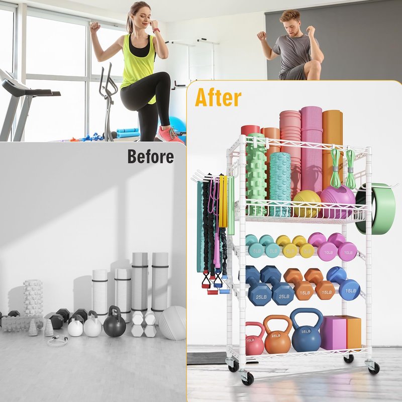 FUTASSI S3 Dumbbells Rack Storage Rack, Rolling Home Gym Weight Organizer Rack, Yoga Mat Storage and Workout Equipment Organizers for Gym Studio, Max Load 500 LBS, 34.6"W x 11.8"D x 48.6"H, White