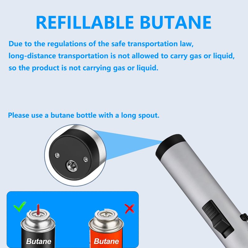 Torch Lighter 2 Pack Red+Blue Straight Flame Long Torch Lighter Bright Fire Butane Refillable Windproof with Flame Adjustable and Safety Lock for Camping Candles Cooking Outdoor Gift, 8"(Without Fuel)