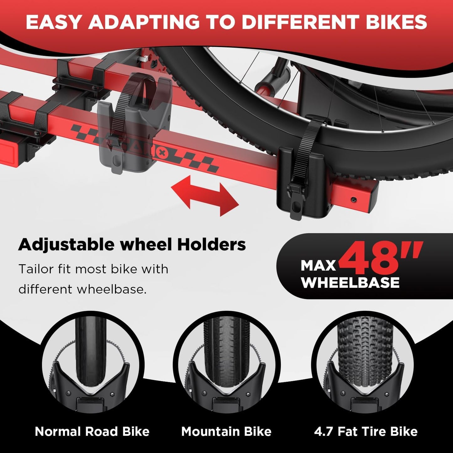 TANX Bike Rack for E-Bikes | Smart Tilting Platform for 2 Bikes | 200 lbs Capacity, Fits 2-Inch Receiver, Red