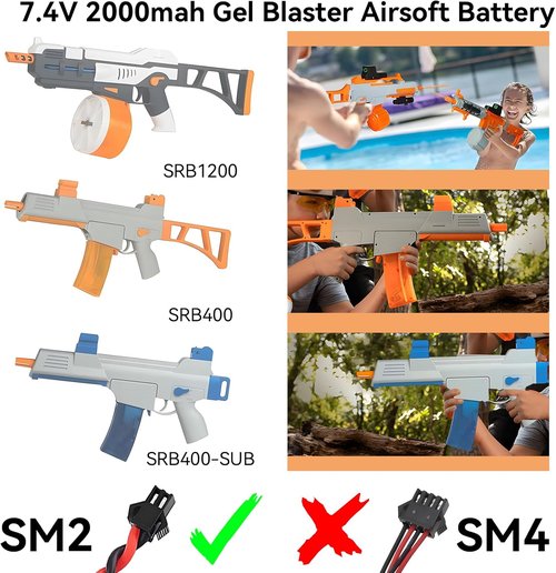 Airsoft Gel Blaster Battery - 7.4V 2000mAh LiPo Rechargeable for SRB400, SRB1200, MP5K, M4