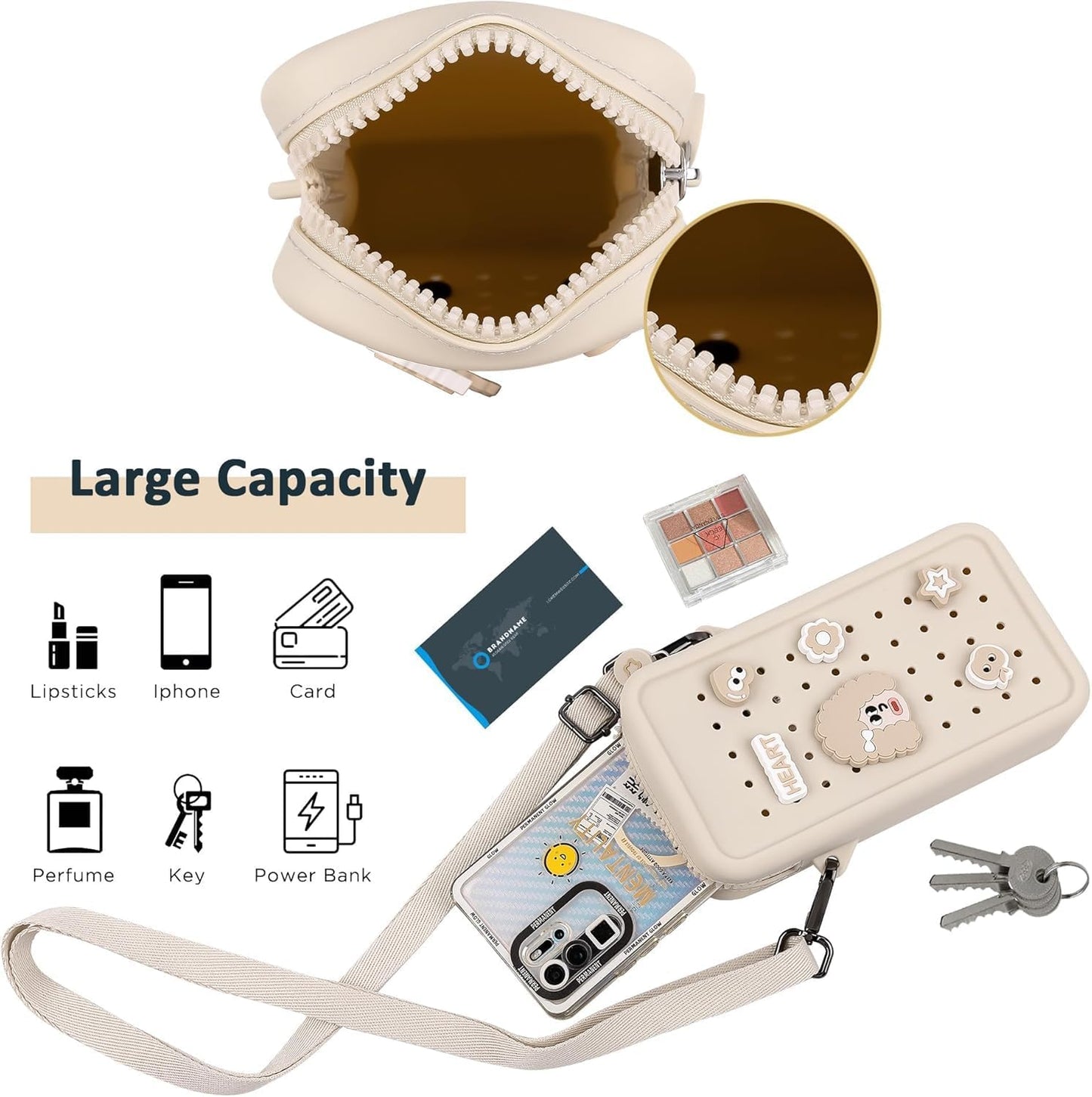 Skiennix Silicone Crossbody Bag - DIY Charm Compatible, Waterproof & Lightweight Phone Purse | Beige