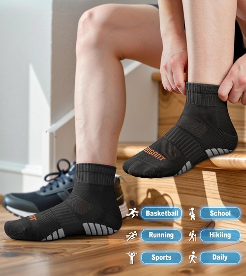 Bigant Kids Ankle Socks Cushioned Athletic Quarter Socks for Boys Girls Youth School Sports Seamless Toe Arch Support 6 Pairs (Black,X-Large)