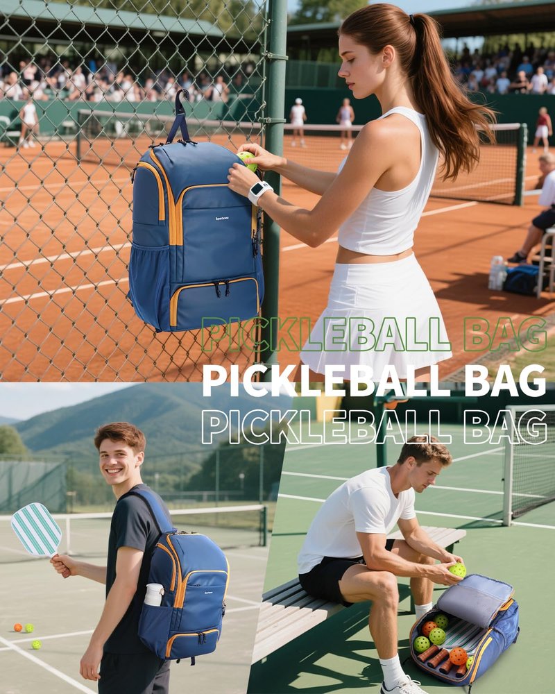 sportsnew Pickleball Bag, Waterproof Pickleball Backpack for Women Men with Shoe Compartment & Fence Hook, Navy Blue Patent Pending